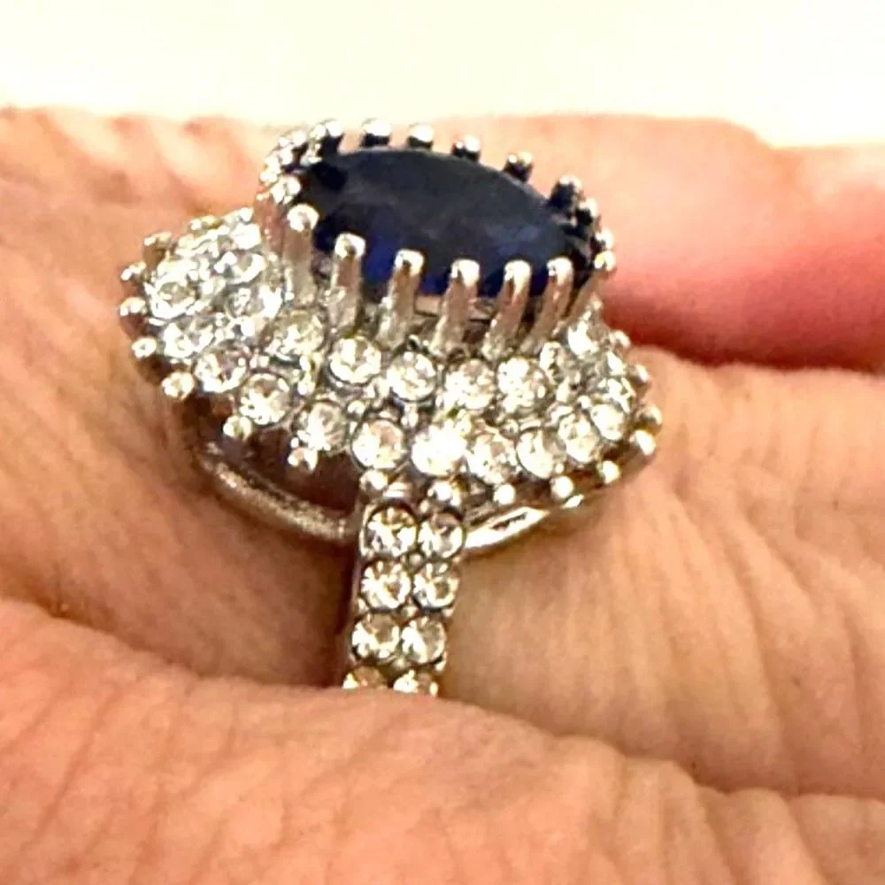 Synthetic Blue Sapphire Halo Ring Silver Tone Oval Crystal Size: 8.5